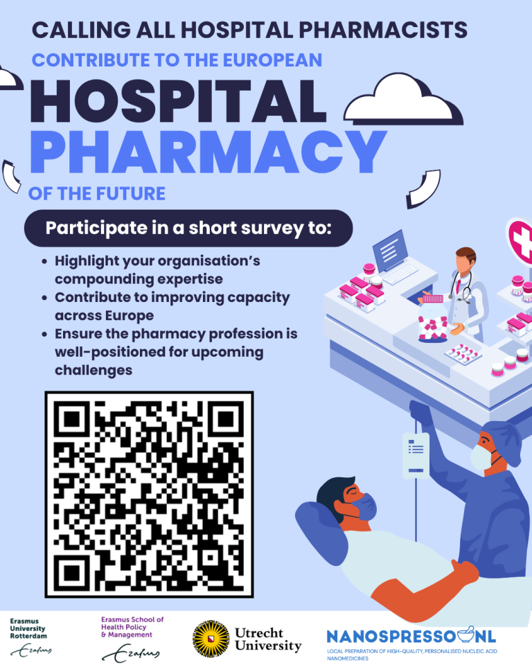 Blue poster titled ‘Calling all hospital pharmacists – Contribute to the European hospital pharmacy of the future’. Boxed section ‘Participate in a short survey’ with bullet points on compounding expertise, European capacity, preparing for challenges, and informing decision-makers. Large QR code leading to the questionnaire. Illustrations of a laboratory and hospital staff. Logos of Erasmus University Rotterdam, Erasmus School of Health Policy & Management, Utrecht University, and NANOSPRESSO.